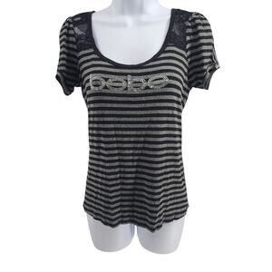 bebe Y2K Women's tee top black/Grey stripes Size Large Bling McBling Lace Goth